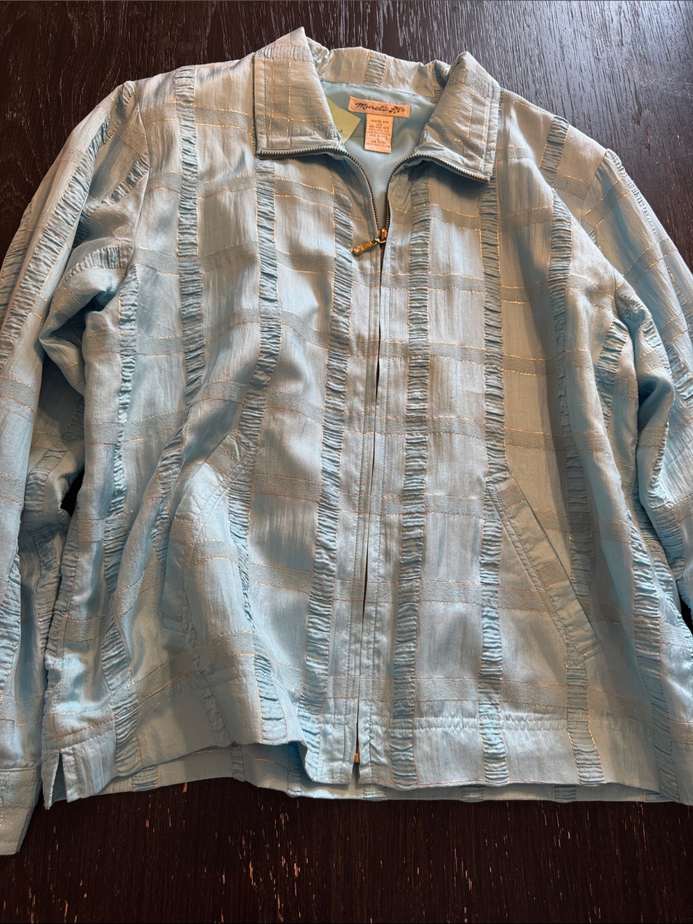 Women's Light Blue Textured Zip Bomber Jacket by Mureli